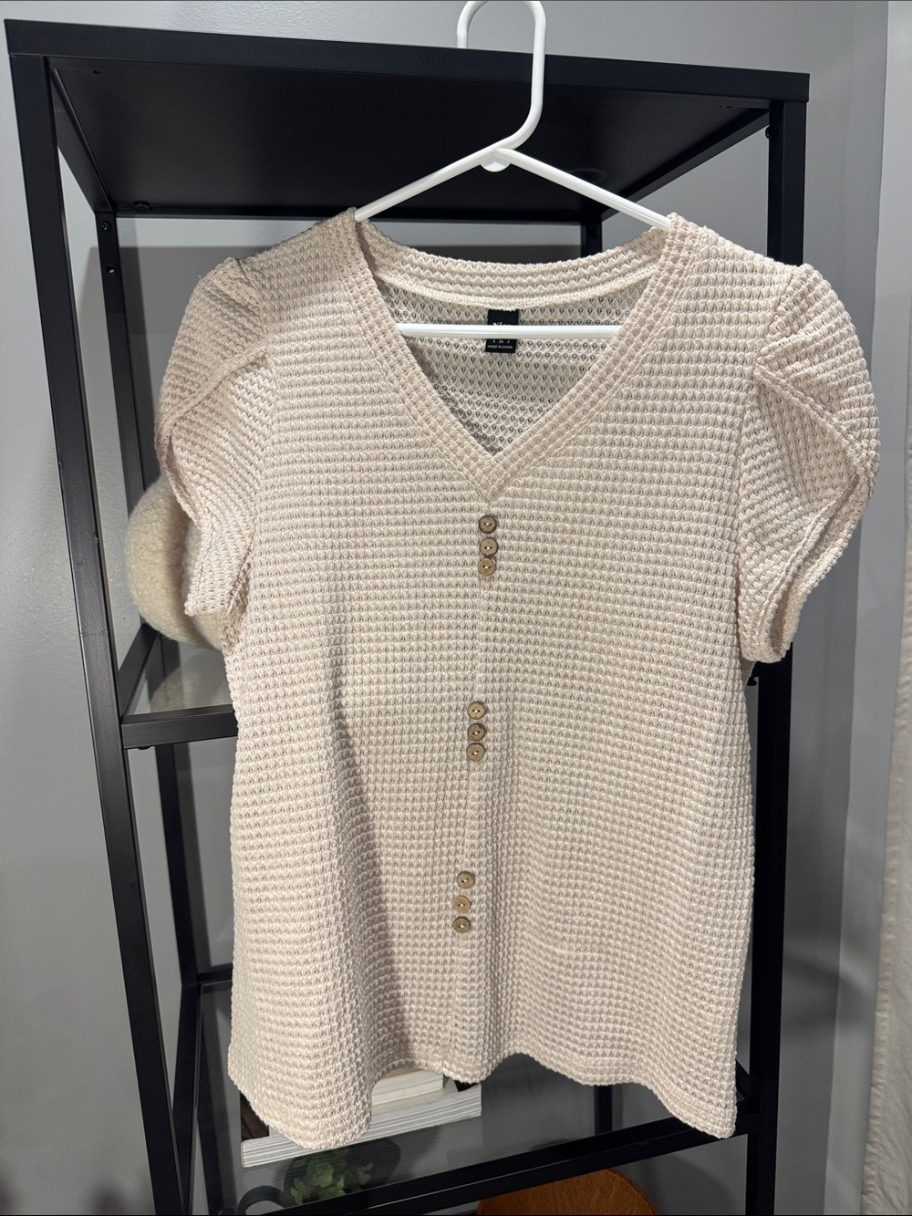 151.Waffle Knit V-Neck Button Front Women’s Top - Cream